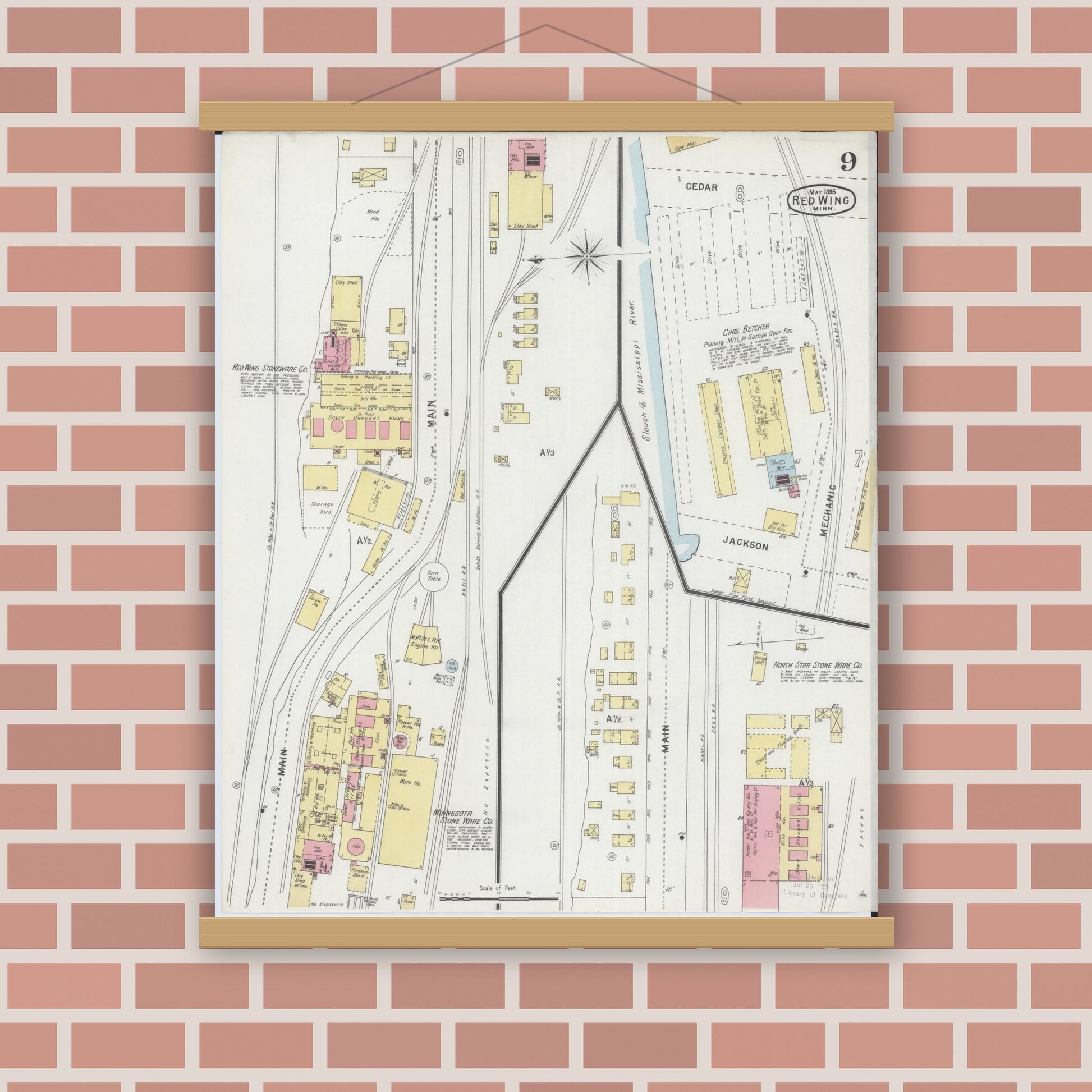 Old map wall art mockup — magnetic wood frame on brick wall — Sanborn Fire Insurance Map from Red Wing, Goodhue County, Minnesota (1895), Sheet #0009