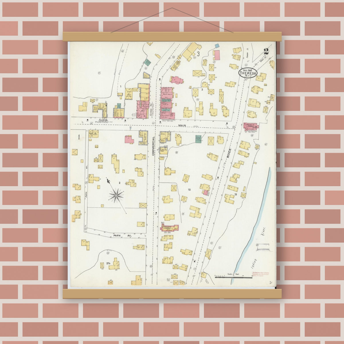 Old map wall art mockup — magnetic wood frame on brick wall — Sanborn Fire Insurance Map from Theresa, Jefferson County, New York (1905), Sheet #0002