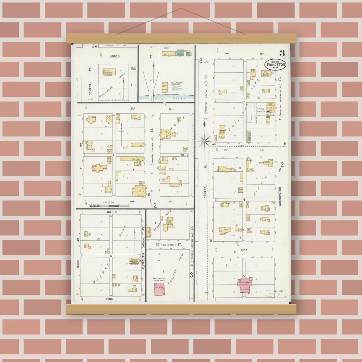 Old map wall art mockup — magnetic wood frame on brick wall — Sanborn Fire Insurance Map from Princeton, Mille Lacs County, Minnesota (1899), Sheet #0003