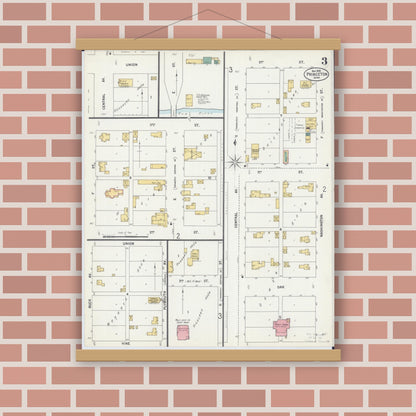 Old map wall art mockup — magnetic wood frame on brick wall — Sanborn Fire Insurance Map from Princeton, Mille Lacs County, Minnesota (1899), Sheet #0003