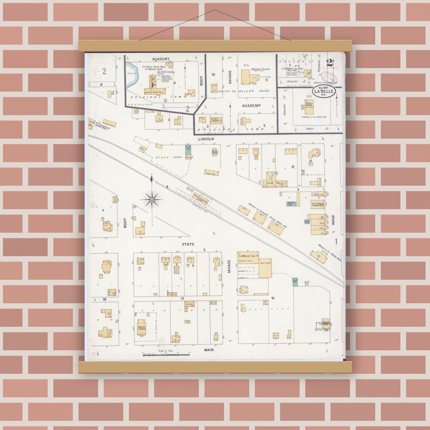 Old map wall art mockup — magnetic wood frame on brick wall — Sanborn Fire Insurance Map from La Belle, Lewis County, Missouri (1899), Sheet #0002