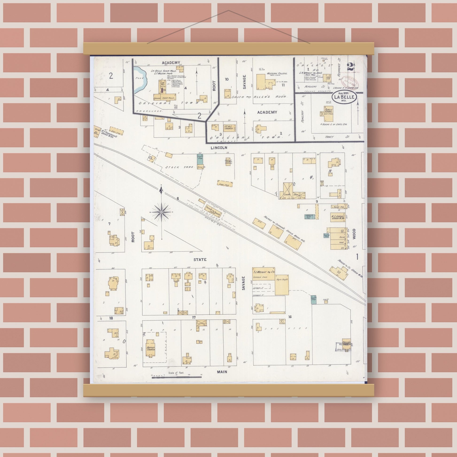 Old map wall art mockup — magnetic wood frame on brick wall — Sanborn Fire Insurance Map from La Belle, Lewis County, Missouri (1899), Sheet #0002