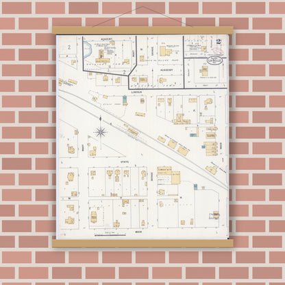 Old map wall art mockup — magnetic wood frame on brick wall — Sanborn Fire Insurance Map from La Belle, Lewis County, Missouri (1899), Sheet #0002