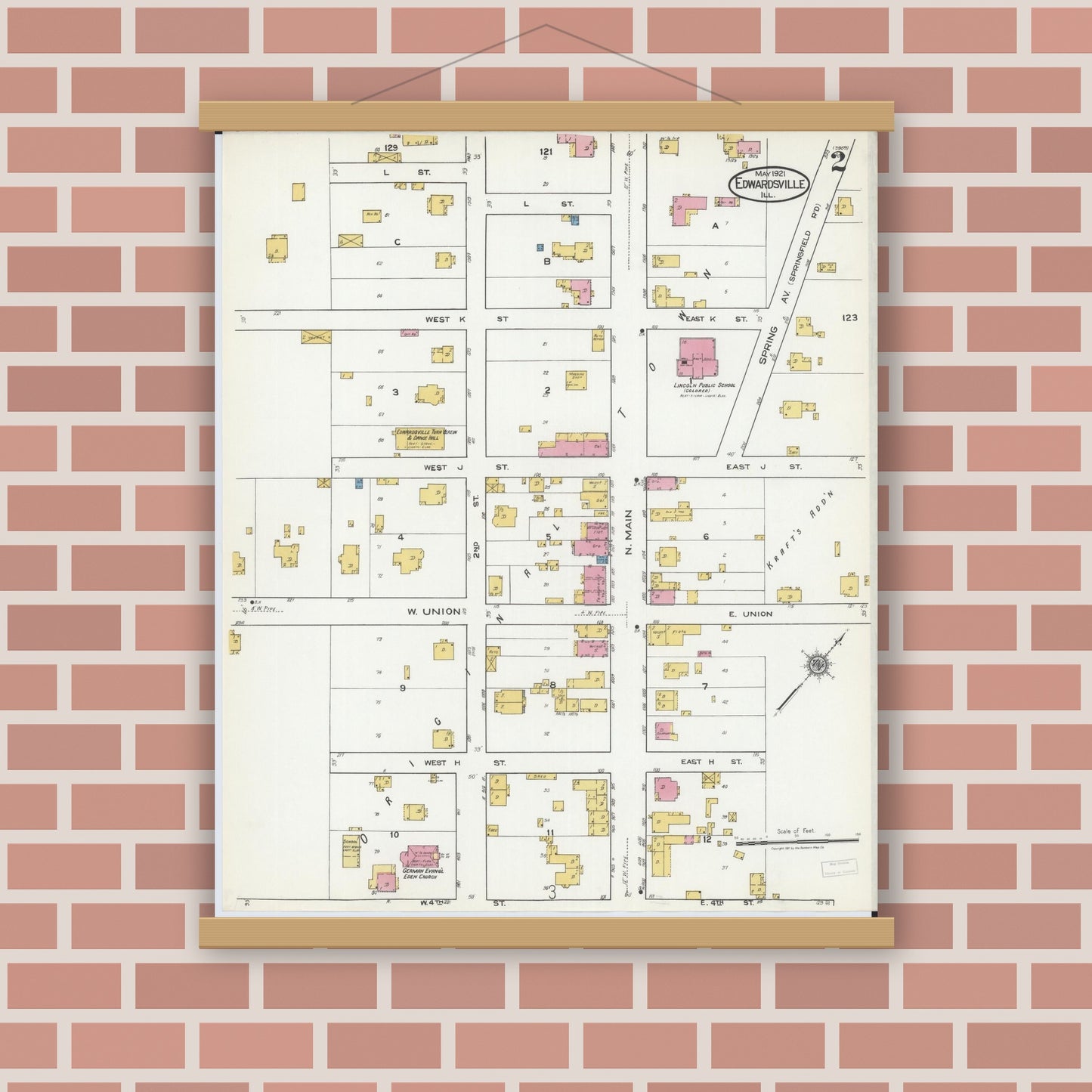 Old map wall art mockup — magnetic wood frame on brick wall — Sanborn Fire Insurance Map from Edwardsville, Madison County, Illinois (1921), Sheet #0002
