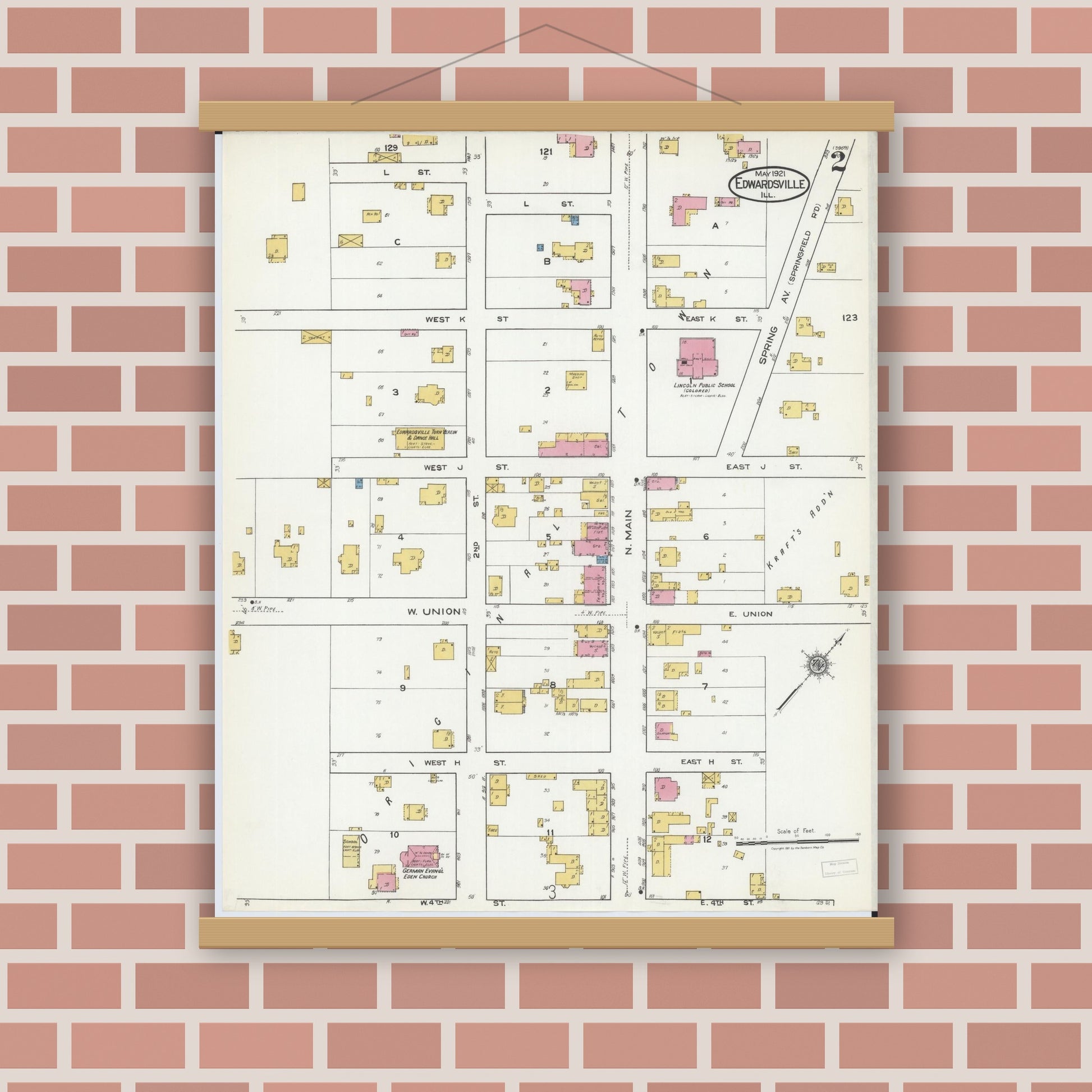 Old map wall art mockup — magnetic wood frame on brick wall — Sanborn Fire Insurance Map from Edwardsville, Madison County, Illinois (1921), Sheet #0002