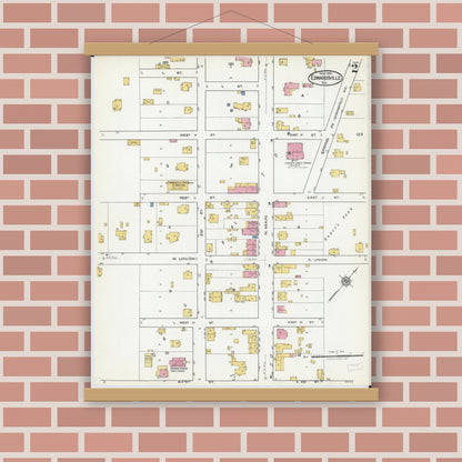 Old map wall art mockup — magnetic wood frame on brick wall — Sanborn Fire Insurance Map from Edwardsville, Madison County, Illinois (1921), Sheet #0002