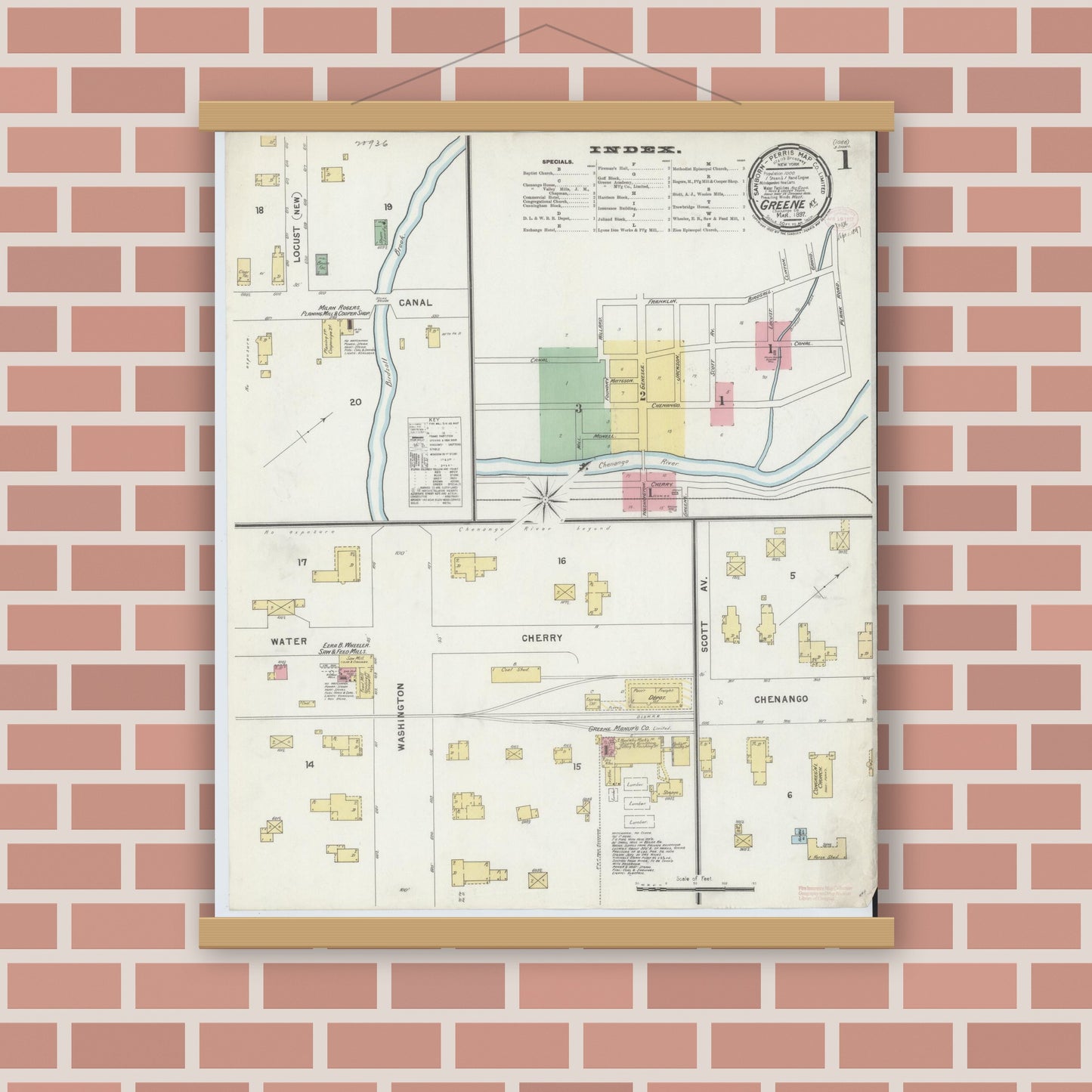 Old map wall art mockup — magnetic wood frame on brick wall — Sanborn Fire Insurance Map from Greene, Chenango County, New York (1897) - Complete Map Set