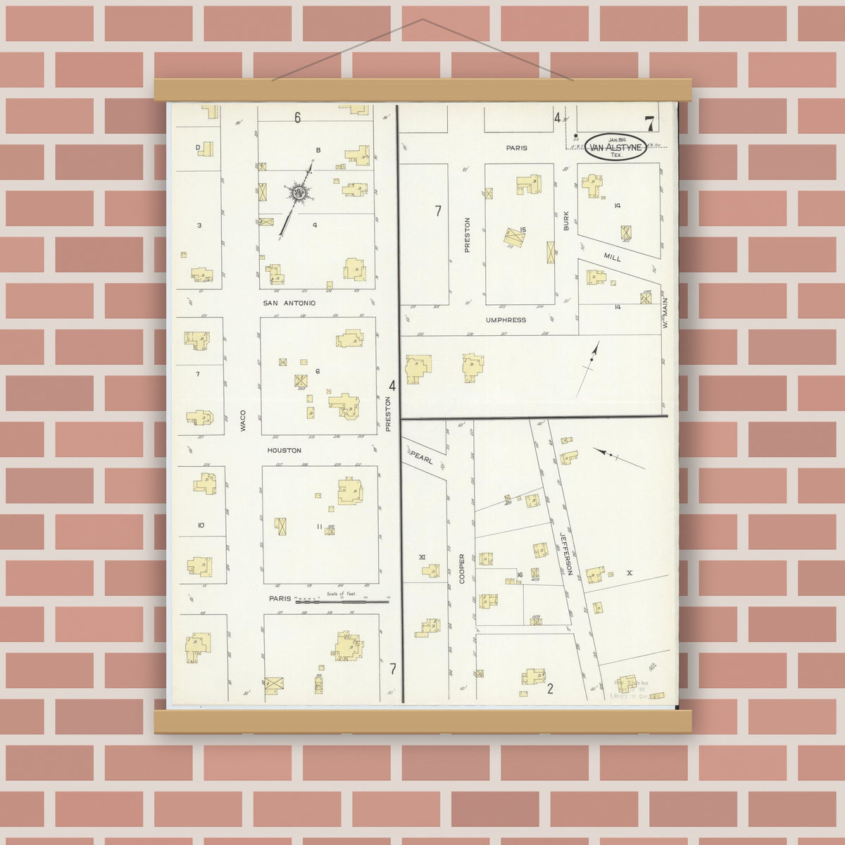 Old map wall art mockup — magnetic wood frame on brick wall — Sanborn Fire Insurance Map from Van Alstyne, Grayson County, Texas (1914), Sheet #0007