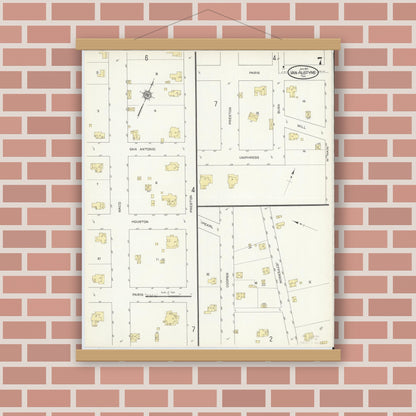 Old map wall art mockup — magnetic wood frame on brick wall — Sanborn Fire Insurance Map from Van Alstyne, Grayson County, Texas (1914), Sheet #0007