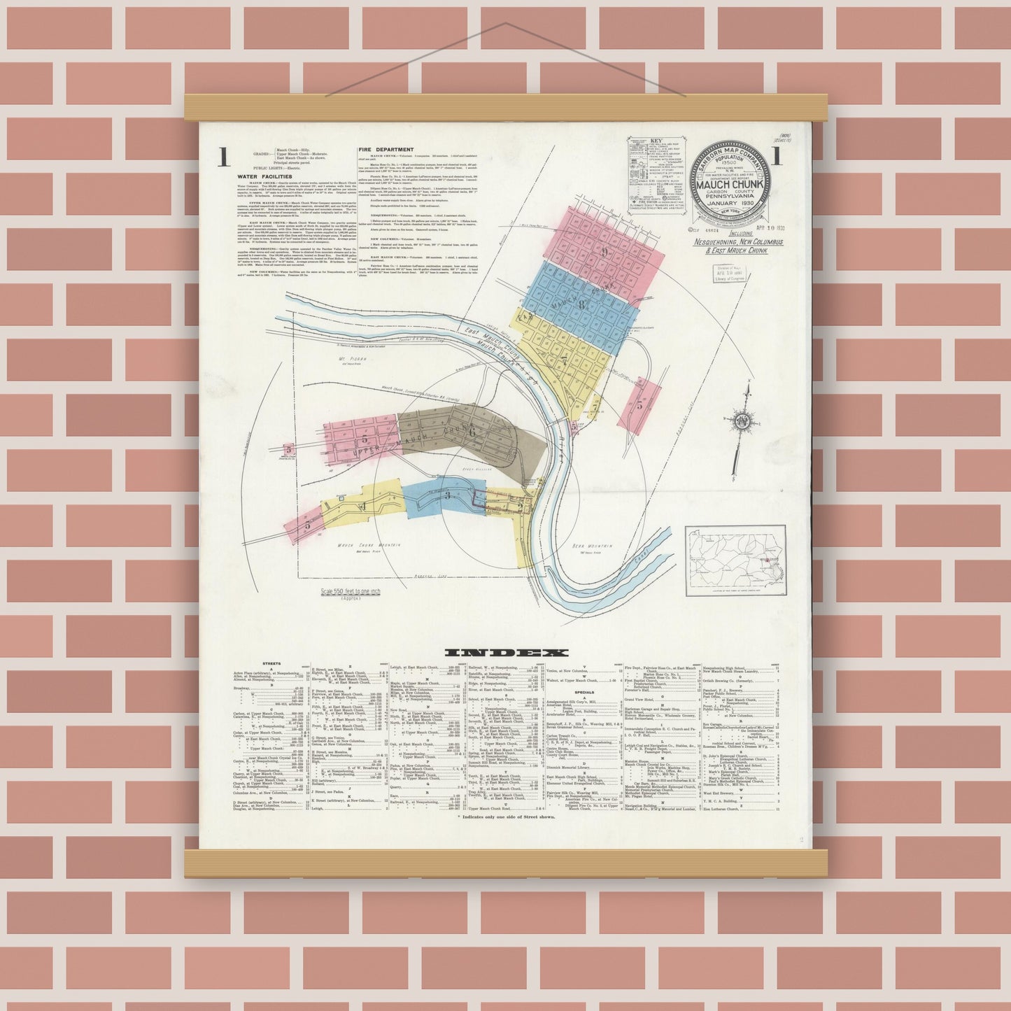 Old map wall art mockup — magnetic wood frame on brick wall — Sanborn Fire Insurance Map from Mauch Chunk, Carbon County, Pennsylvania (1930), Sheet #0001