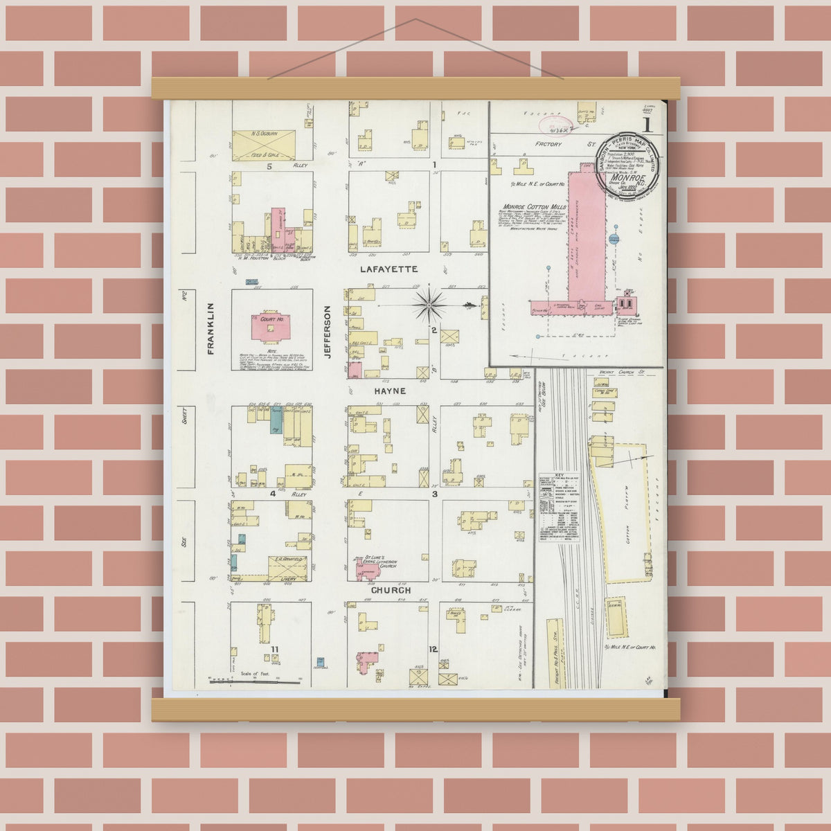 Old map wall art mockup — magnetic wood frame on brick wall — Sanborn Fire Insurance Map from Monroe, Union County, North Carolina (1892), Sheet #0001