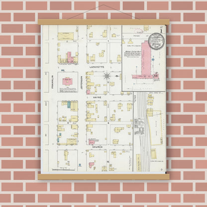 Old map wall art mockup — magnetic wood frame on brick wall — Sanborn Fire Insurance Map from Monroe, Union County, North Carolina (1892), Sheet #0001