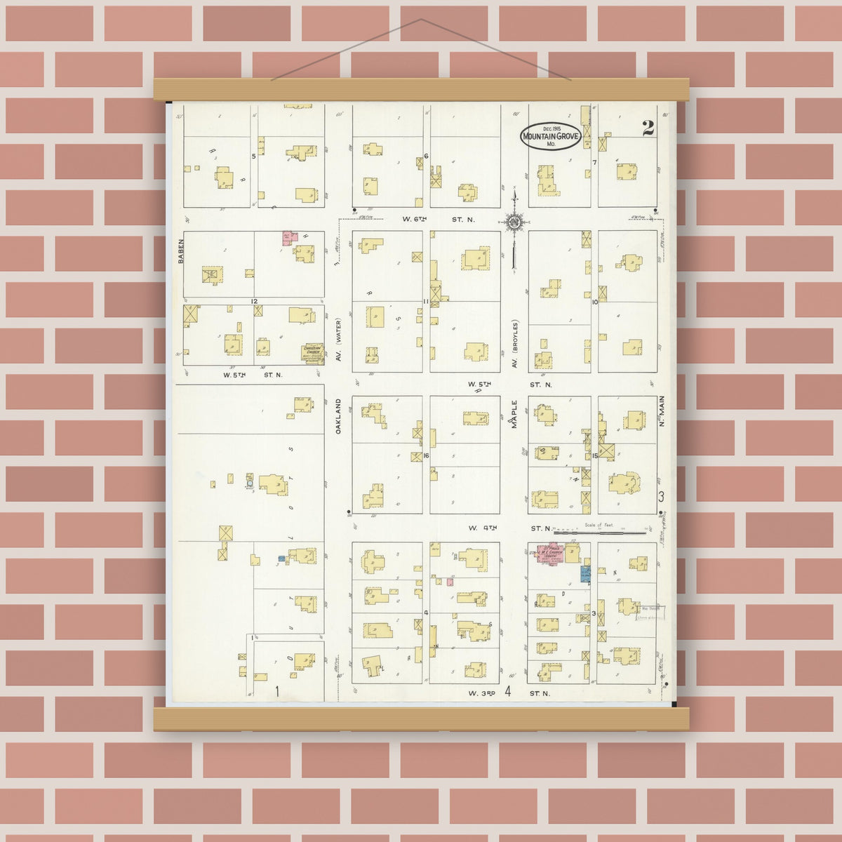 Old map wall art mockup — magnetic wood frame on brick wall — Sanborn Fire Insurance Map from Mountain Grove, Wright County, Missouri (1915), Sheet #0002