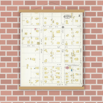 Old map wall art mockup — magnetic wood frame on brick wall — Sanborn Fire Insurance Map from Mountain Grove, Wright County, Missouri (1915), Sheet #0002