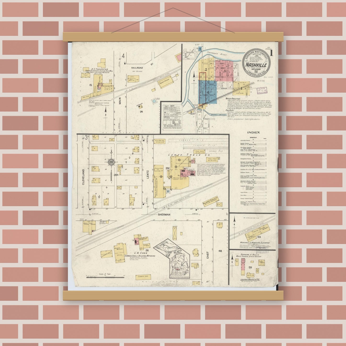 Old map wall art mockup — magnetic wood frame on brick wall — Sanborn Fire Insurance Map from Nashville, Barry County, Michigan (1916) - Complete Map Set