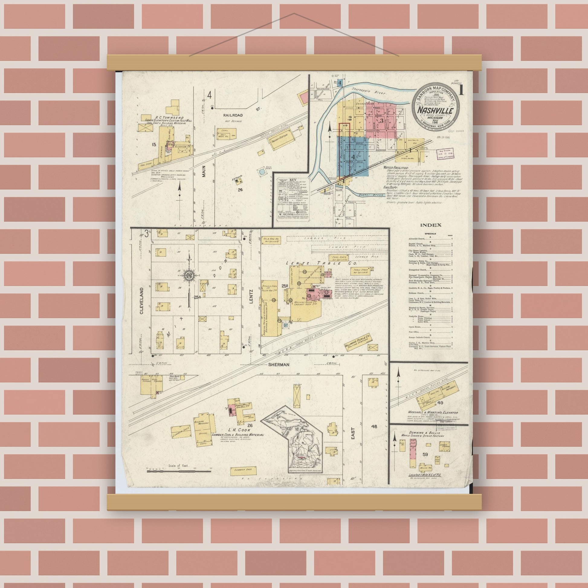 Old map wall art mockup — magnetic wood frame on brick wall — Sanborn Fire Insurance Map from Nashville, Barry County, Michigan (1916) - Complete Map Set