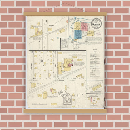 Old map wall art mockup — magnetic wood frame on brick wall — Sanborn Fire Insurance Map from Nashville, Barry County, Michigan (1916) - Complete Map Set