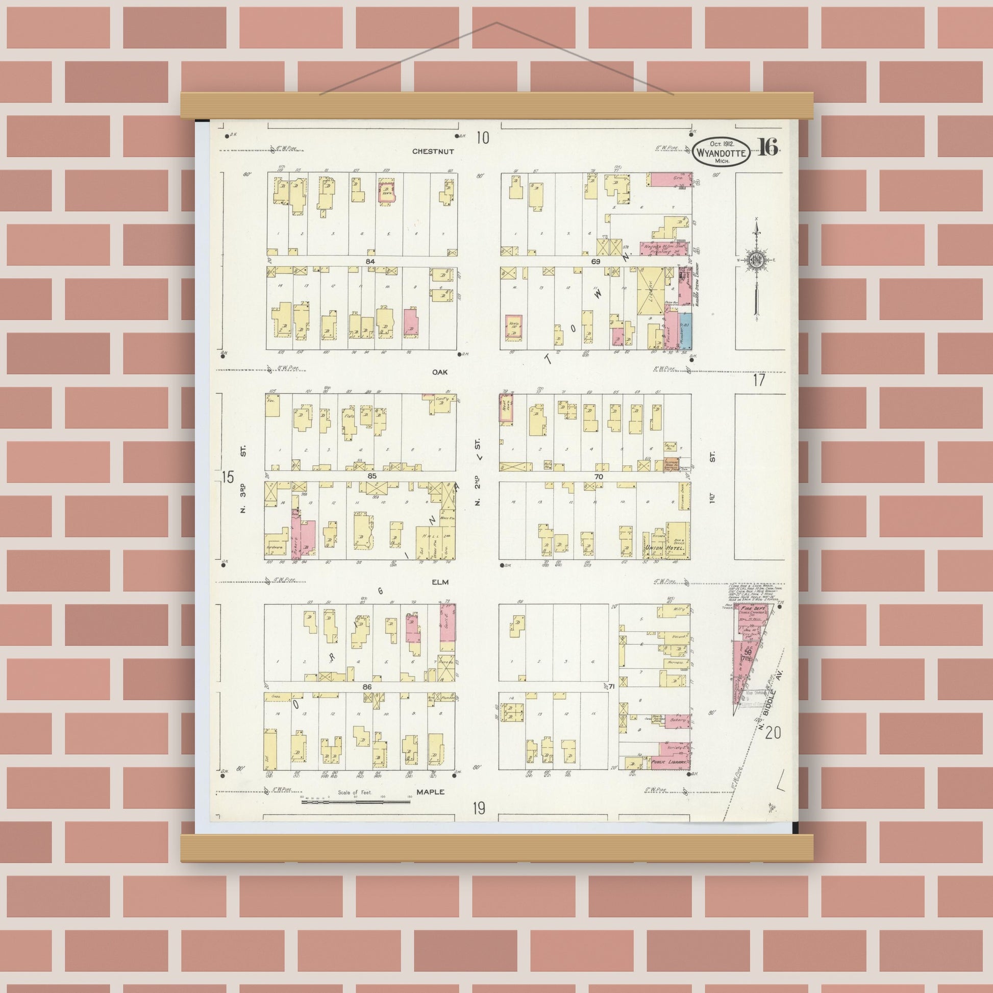 Old map wall art mockup — magnetic wood frame on brick wall — Sanborn Fire Insurance Map from Wyandotte, Wayne County, Michigan (1912), Sheet #0016