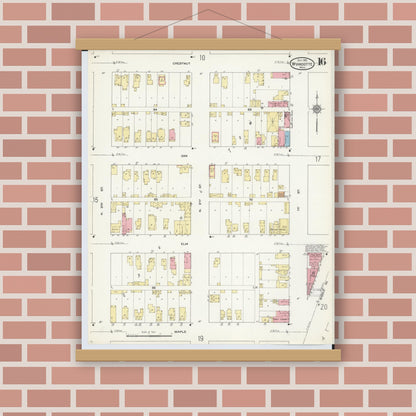 Old map wall art mockup — magnetic wood frame on brick wall — Sanborn Fire Insurance Map from Wyandotte, Wayne County, Michigan (1912), Sheet #0016