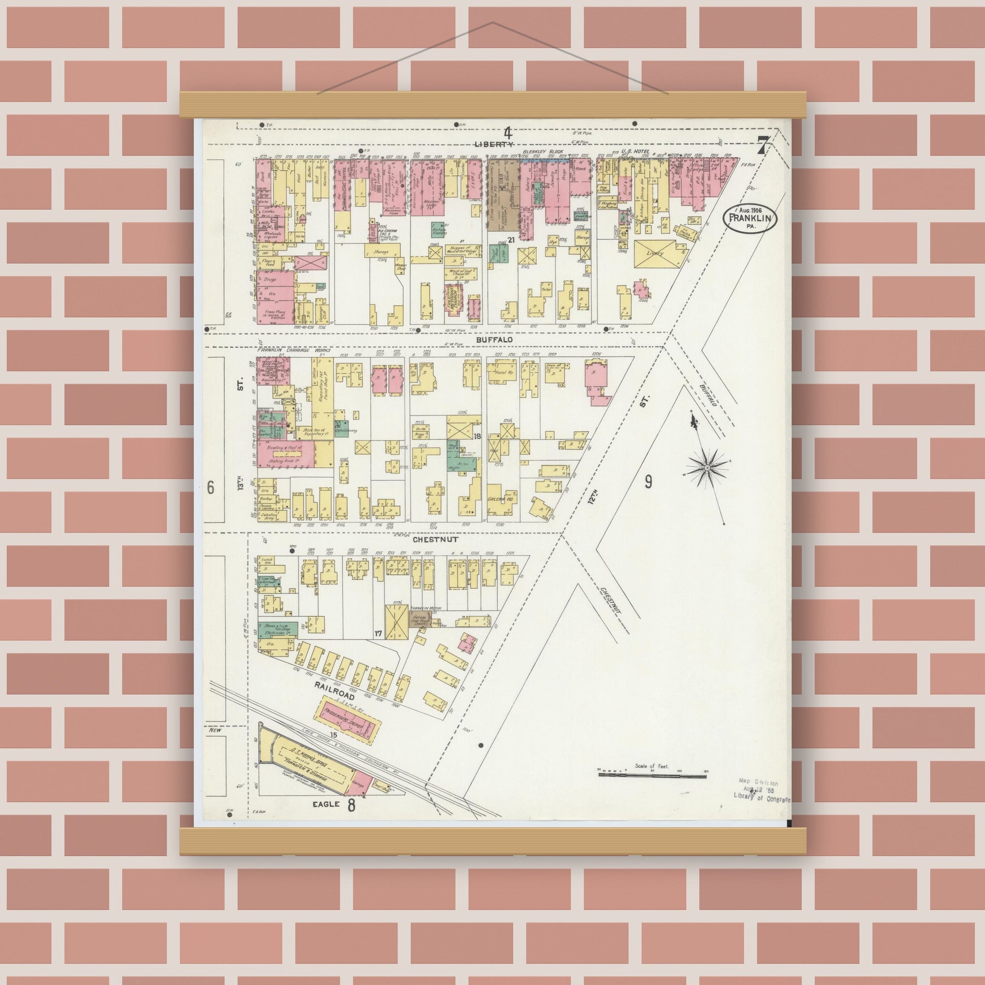 Old map wall art mockup — magnetic wood frame on brick wall — Sanborn Fire Insurance Map from Franklin, Venango County, Pennsylvania (1906), Sheet #0007
