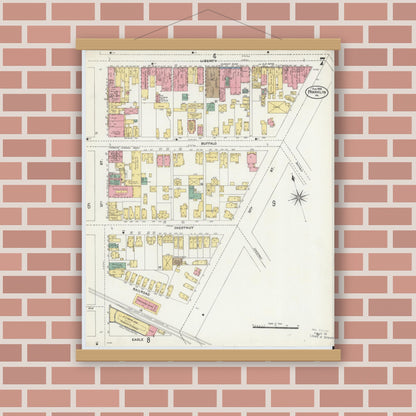 Old map wall art mockup — magnetic wood frame on brick wall — Sanborn Fire Insurance Map from Franklin, Venango County, Pennsylvania (1906), Sheet #0007