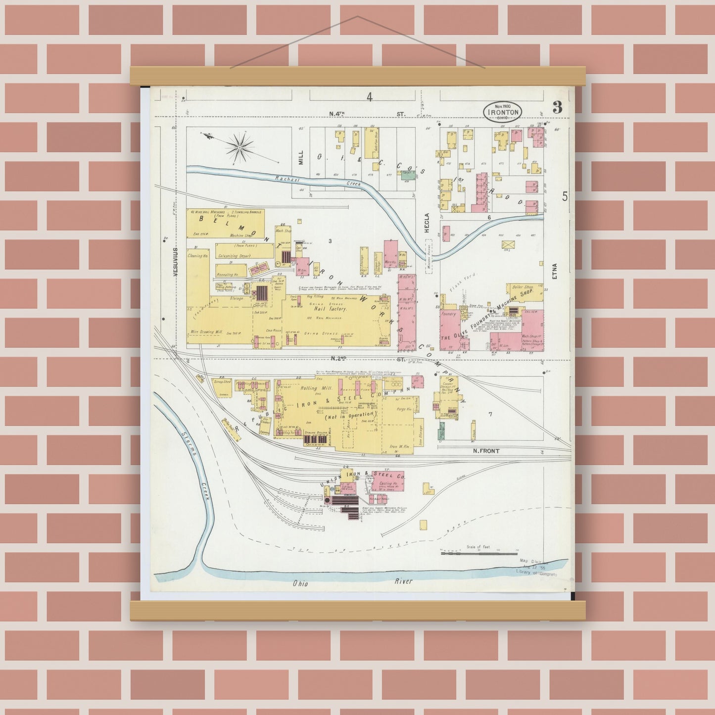 Old map wall art mockup — magnetic wood frame on brick wall — Sanborn Fire Insurance Map from Ironton, Lawrence County, Ohio (1900), Sheet #0003