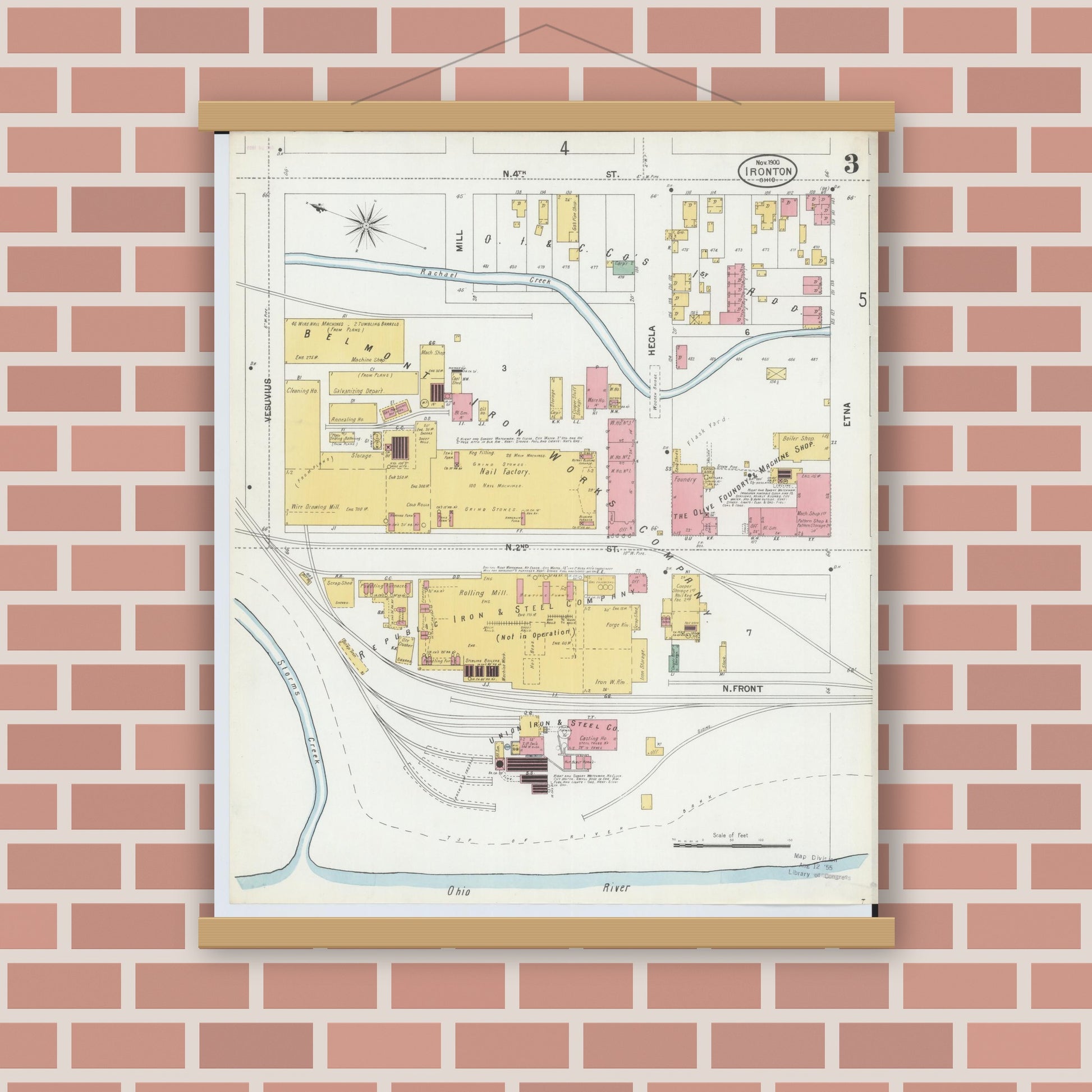 Old map wall art mockup — magnetic wood frame on brick wall — Sanborn Fire Insurance Map from Ironton, Lawrence County, Ohio (1900), Sheet #0003