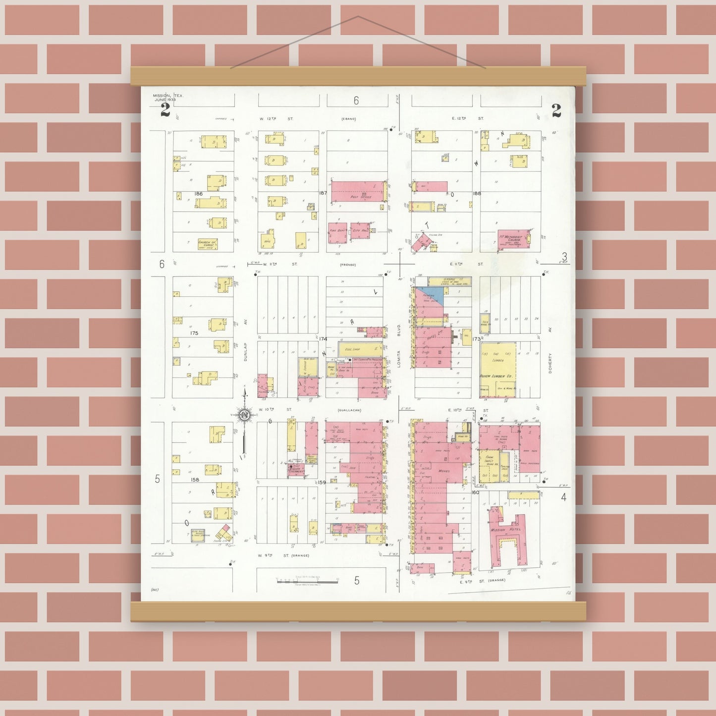 Old map wall art mockup — magnetic wood frame on brick wall — Sanborn Fire Insurance Map from Mission, Hidalgo County, Texas (1933), Sheet #0002