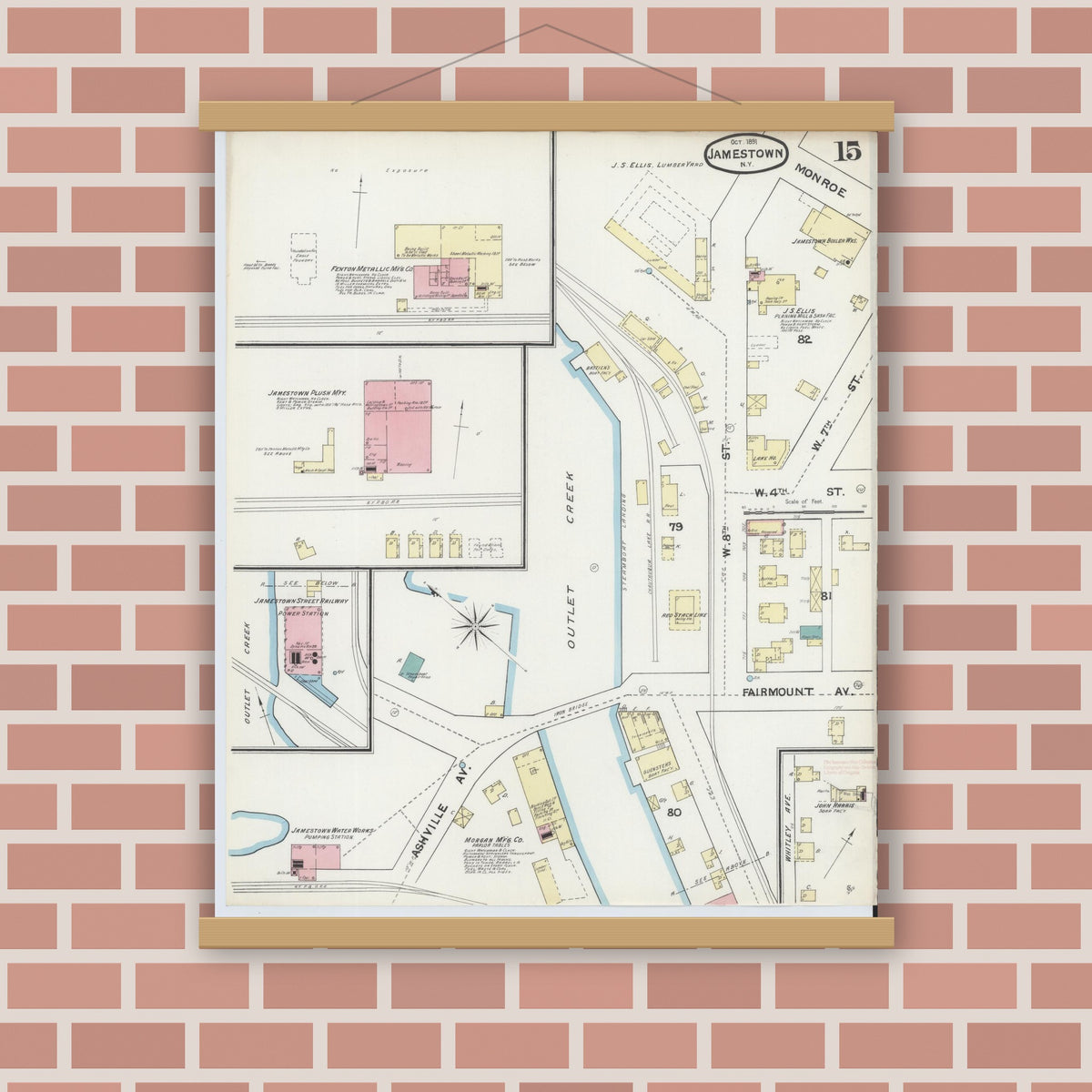 Old map wall art mockup — magnetic wood frame on brick wall — Sanborn Fire Insurance Map from Jamestown, Chautauqua County, New York (1891), Sheet #0015