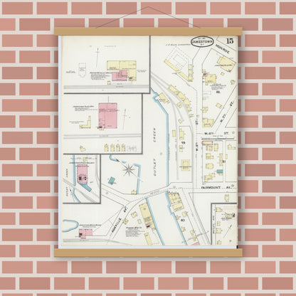 Old map wall art mockup — magnetic wood frame on brick wall — Sanborn Fire Insurance Map from Jamestown, Chautauqua County, New York (1891), Sheet #0015