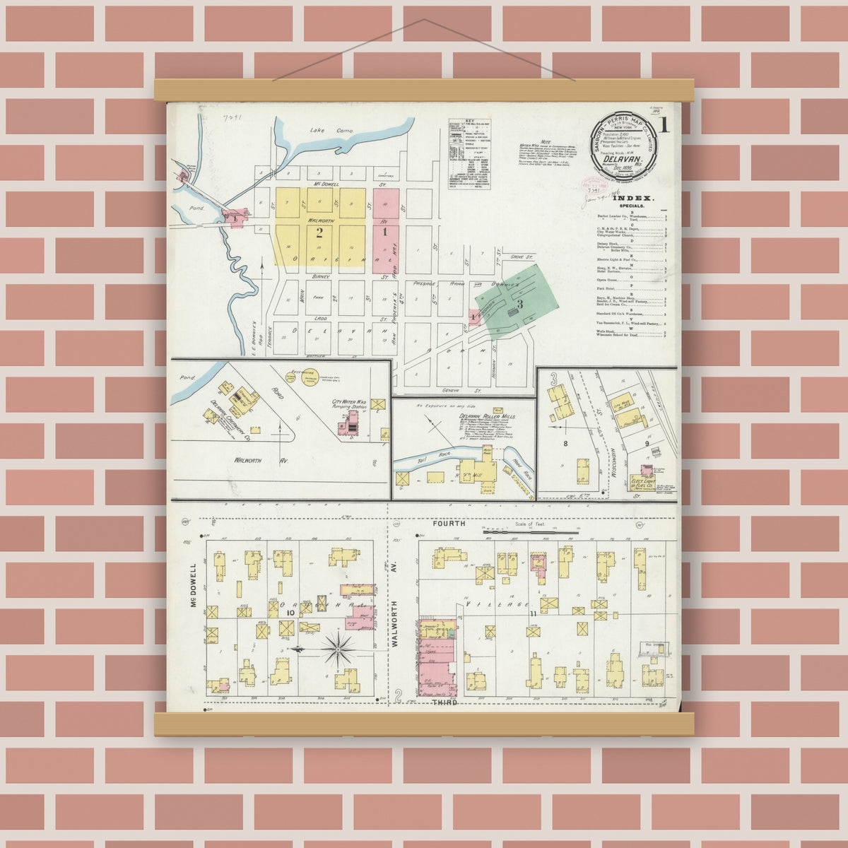Old map wall art mockup — magnetic wood frame on brick wall — Sanborn Fire Insurance Map from Delavan, Walworth County, Wisconsin (1895) - Complete Map Set