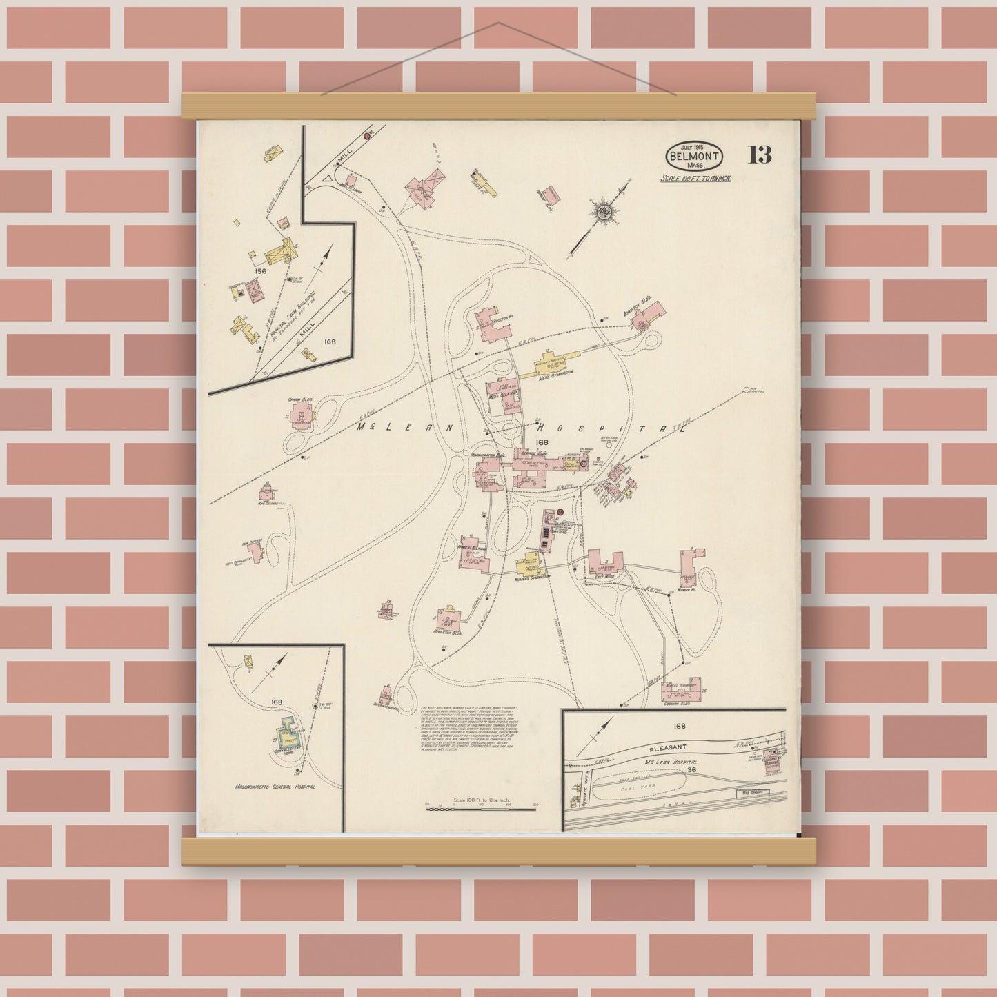 Old map wall art mockup — magnetic wood frame on brick wall — Sanborn Fire Insurance Map from Belmont, Middlesex County, Massachusetts (1915), Sheet #0013