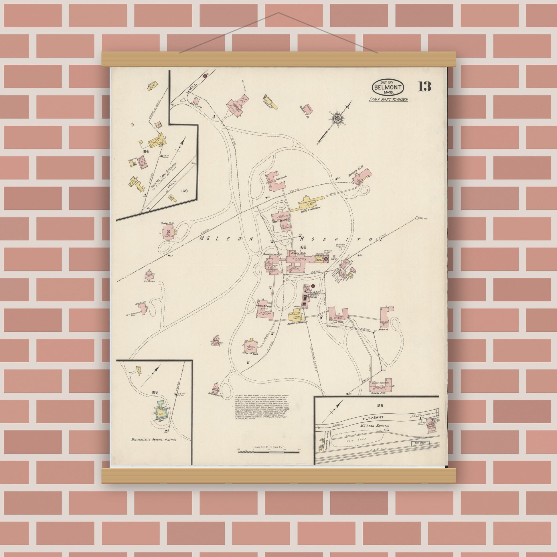 Old map wall art mockup — magnetic wood frame on brick wall — Sanborn Fire Insurance Map from Belmont, Middlesex County, Massachusetts (1915), Sheet #0013