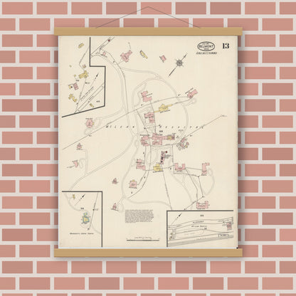 Old map wall art mockup — magnetic wood frame on brick wall — Sanborn Fire Insurance Map from Belmont, Middlesex County, Massachusetts (1915), Sheet #0013