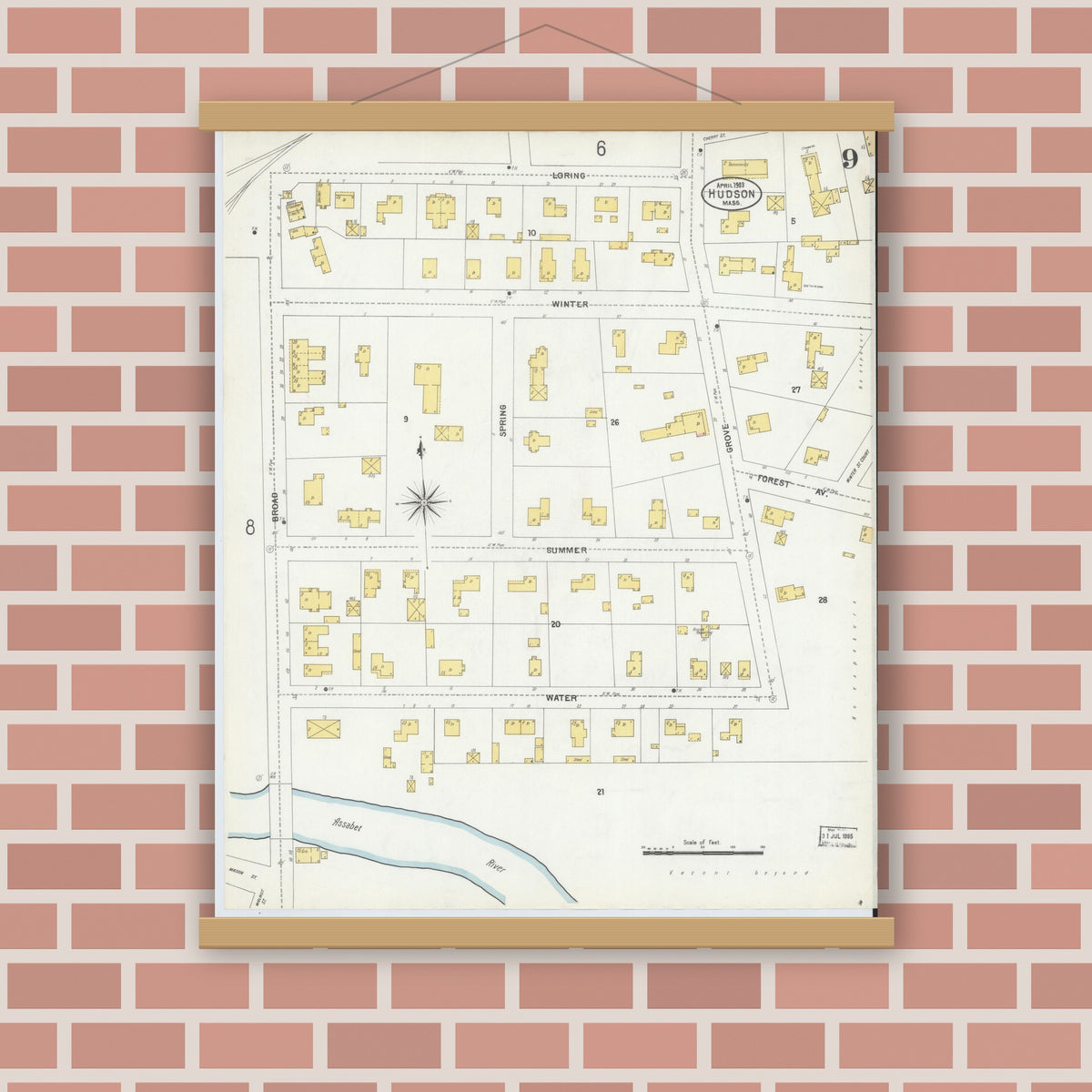 Old map wall art mockup — magnetic wood frame on brick wall — Sanborn Fire Insurance Map from Hudson, Middlesex County, Massachusetts (1903), Sheet #0008