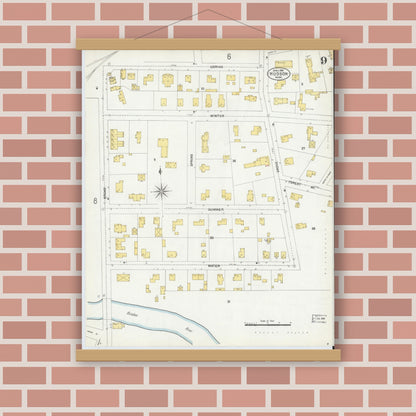 Old map wall art mockup — magnetic wood frame on brick wall — Sanborn Fire Insurance Map from Hudson, Middlesex County, Massachusetts (1903), Sheet #0008
