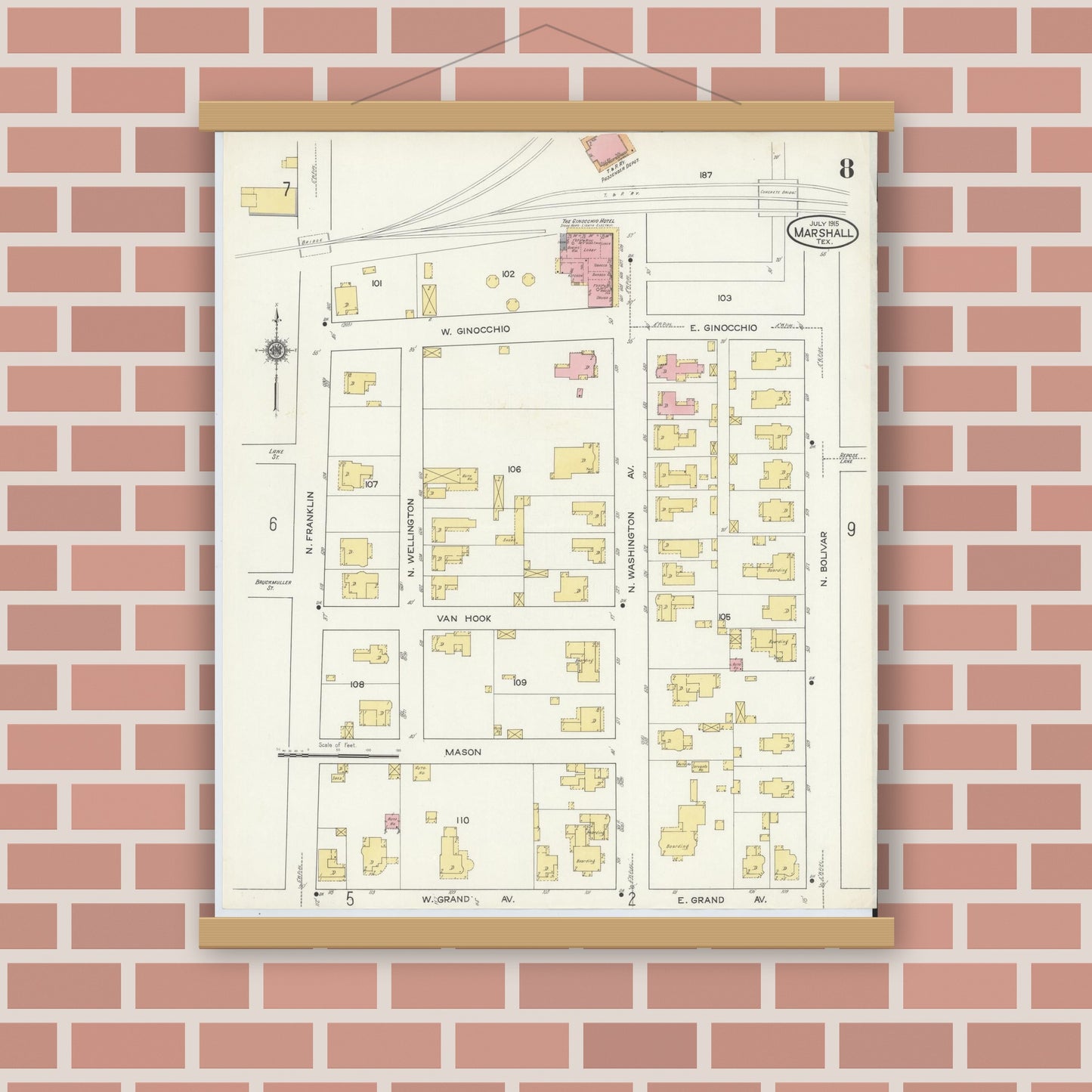 Old map wall art mockup — magnetic wood frame on brick wall — Sanborn Fire Insurance Map from Marshall, Harrison County, Texas (1915), Sheet #0008