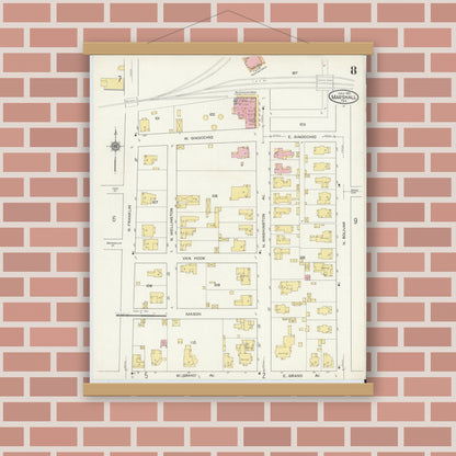 Old map wall art mockup — magnetic wood frame on brick wall — Sanborn Fire Insurance Map from Marshall, Harrison County, Texas (1915), Sheet #0008