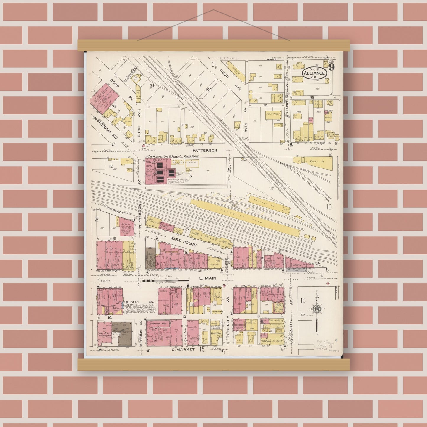 Old map wall art mockup — magnetic wood frame on brick wall — Sanborn Fire Insurance Map from Alliance, Stark County, Ohio (1921), Sheet #0009