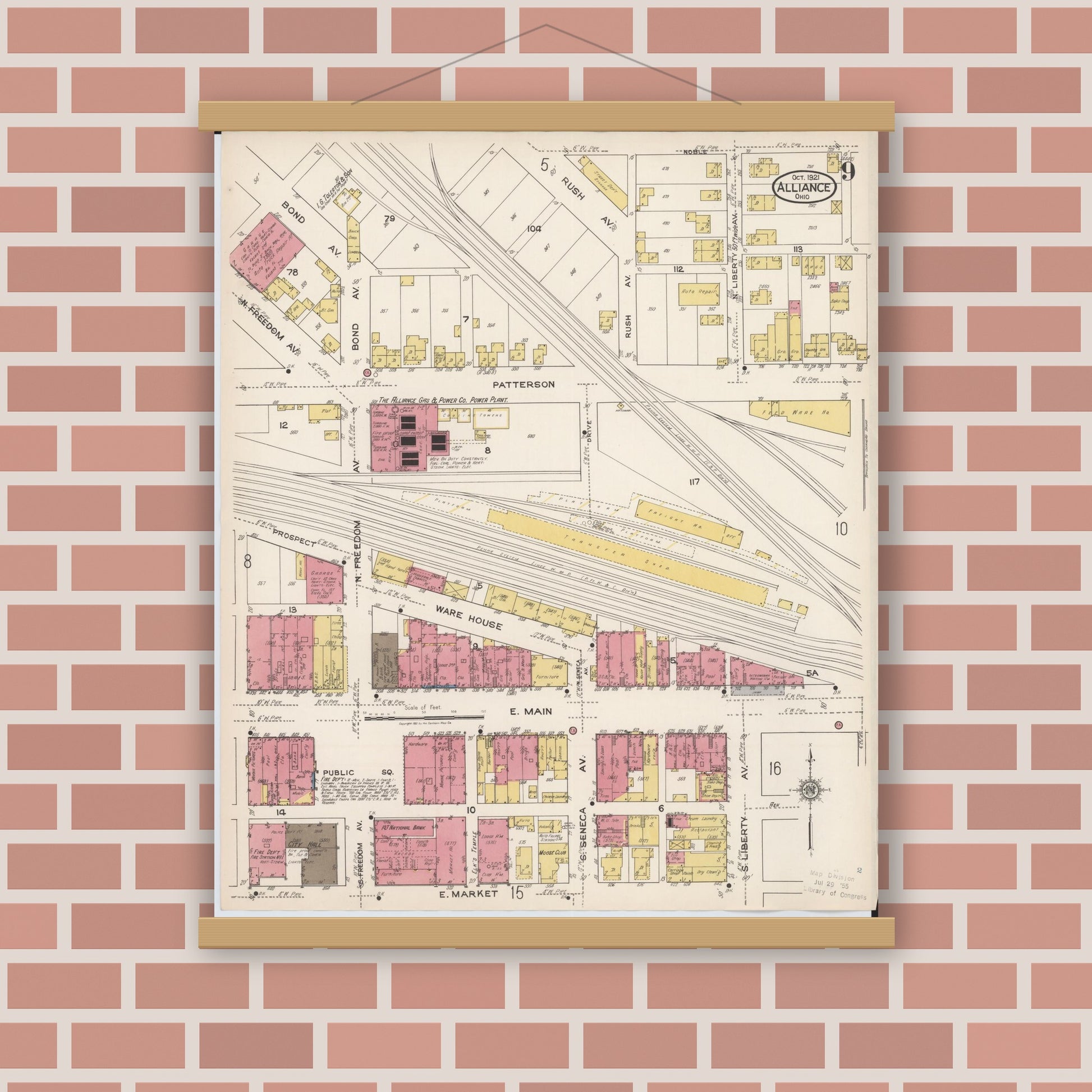 Old map wall art mockup — magnetic wood frame on brick wall — Sanborn Fire Insurance Map from Alliance, Stark County, Ohio (1921), Sheet #0009