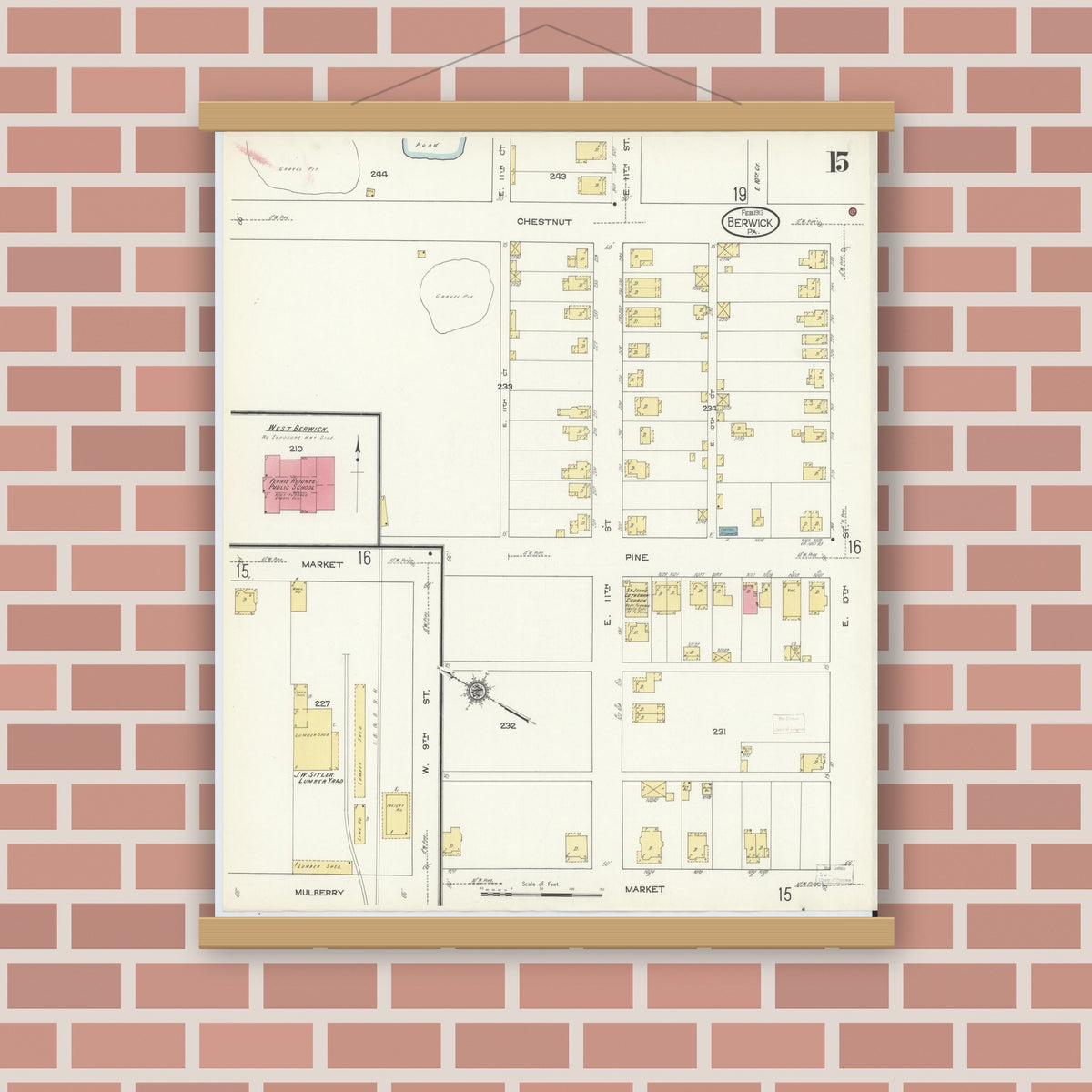 Old map wall art mockup — magnetic wood frame on brick wall — Sanborn Fire Insurance Map from Berwick, Columbia County, Pennsylvania (1913), Sheet #0015