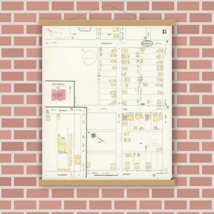 Old map wall art mockup — magnetic wood frame on brick wall — Sanborn Fire Insurance Map from Berwick, Columbia County, Pennsylvania (1913), Sheet #0015