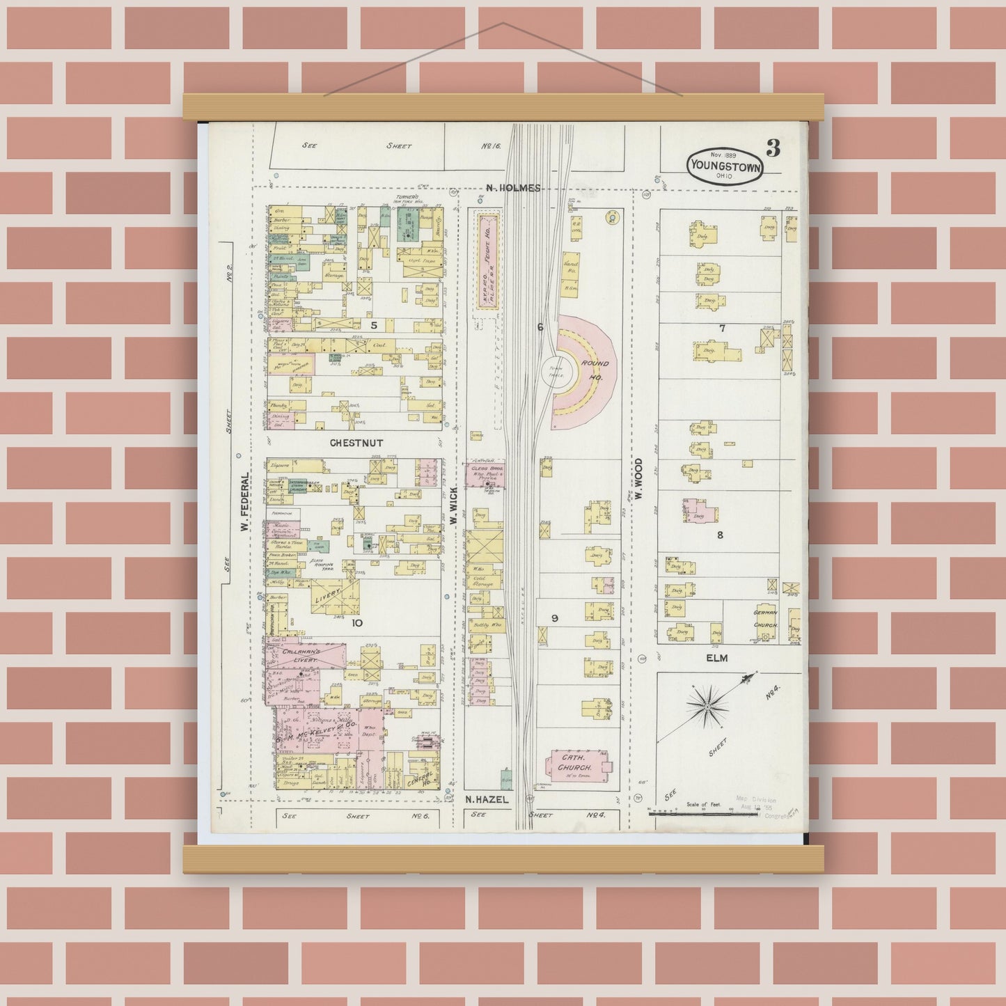 Old map wall art mockup — magnetic wood frame on brick wall — Sanborn Fire Insurance Map from Youngstown, Mahoning County, Ohio (1889), Sheet #0003