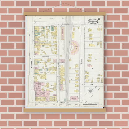 Old map wall art mockup — magnetic wood frame on brick wall — Sanborn Fire Insurance Map from Youngstown, Mahoning County, Ohio (1889), Sheet #0003