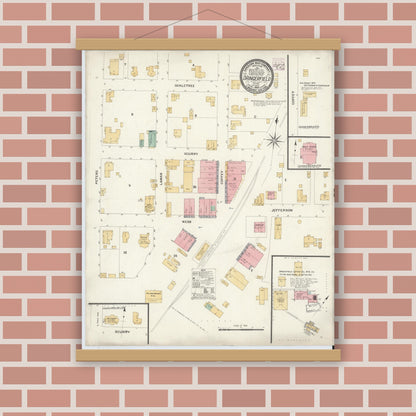 Old map wall art mockup — magnetic wood frame on brick wall — Sanborn Fire Insurance Map from Daingerfield, Morris County, Texas (1909), Sheet #0001