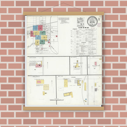 Old map wall art mockup — magnetic wood frame on brick wall — Sanborn Fire Insurance Map from Bryan, Williams County, Ohio (1905), Sheet #0001
