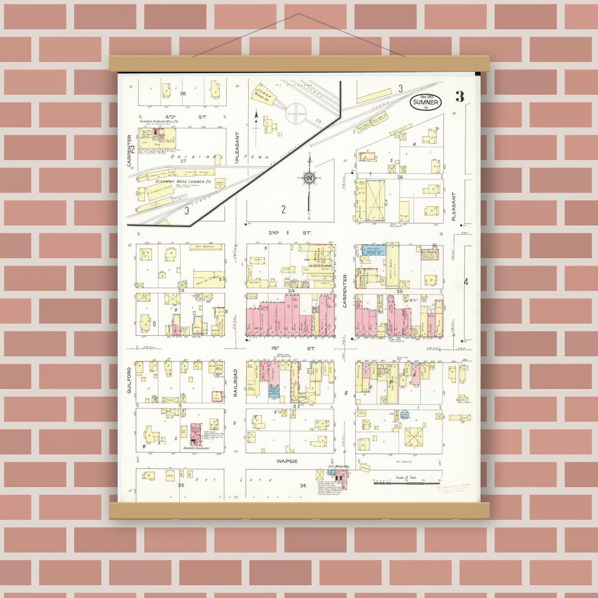 Old map wall art mockup — magnetic wood frame on brick wall — Sanborn Fire Insurance Map from Sumner, Bremer County, Iowa (1913), Sheet #0003