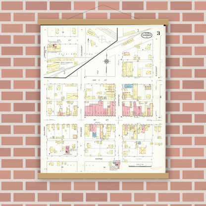Old map wall art mockup — magnetic wood frame on brick wall — Sanborn Fire Insurance Map from Sumner, Bremer County, Iowa (1913), Sheet #0003