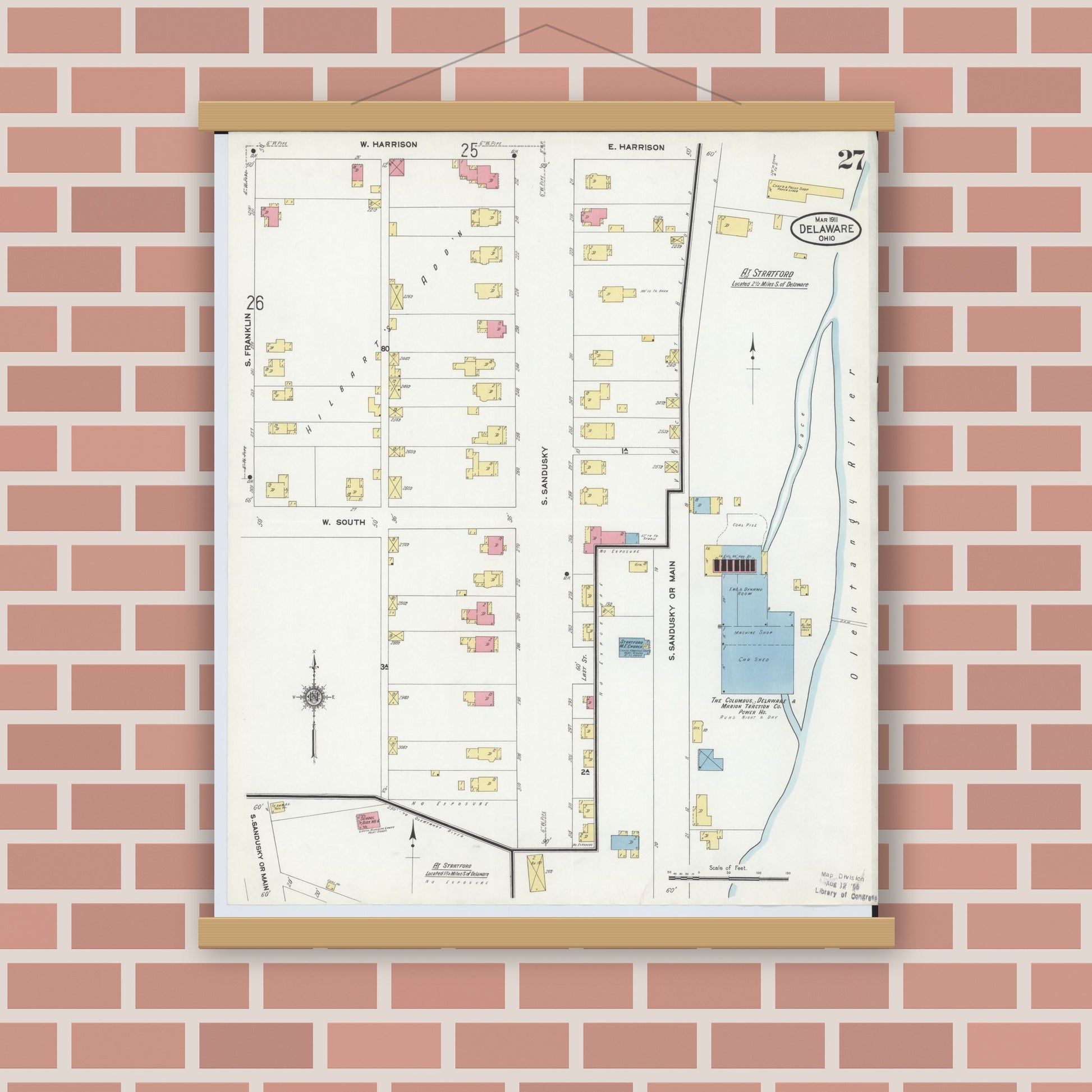 Old map wall art mockup — magnetic wood frame on brick wall — Sanborn Fire Insurance Map from Delaware, Delaware County, Ohio (1911), Sheet #0027