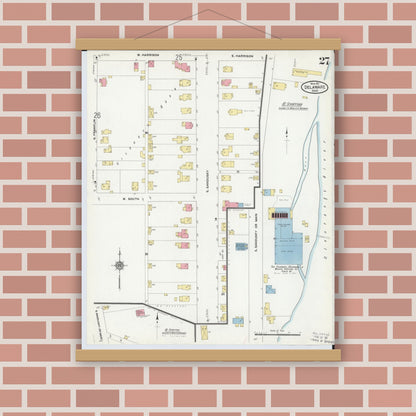 Old map wall art mockup — magnetic wood frame on brick wall — Sanborn Fire Insurance Map from Delaware, Delaware County, Ohio (1911), Sheet #0027